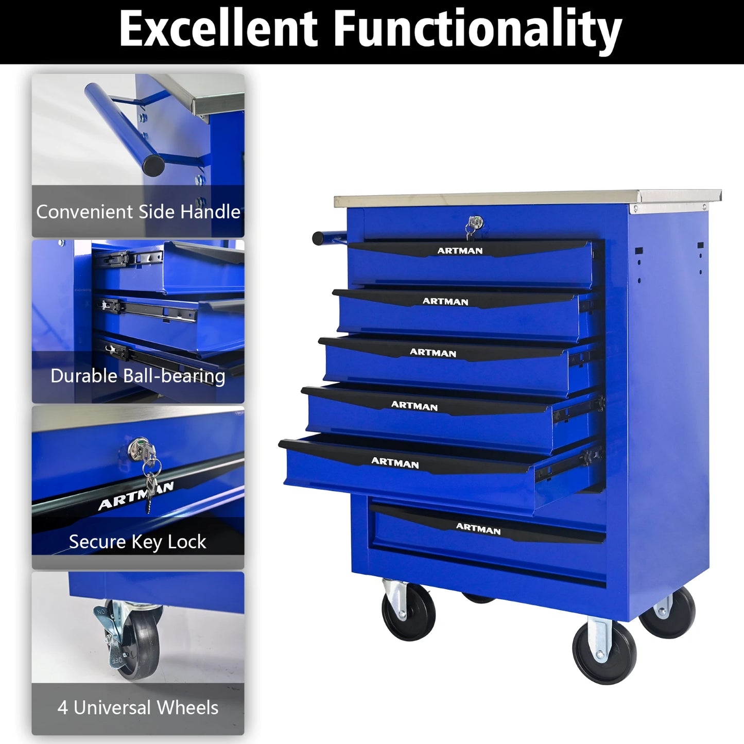 7 drawer wheeled toolbox trolley, tool cabinet, tool storage cabinet with lock and key, suitable for workshops, garages, blue