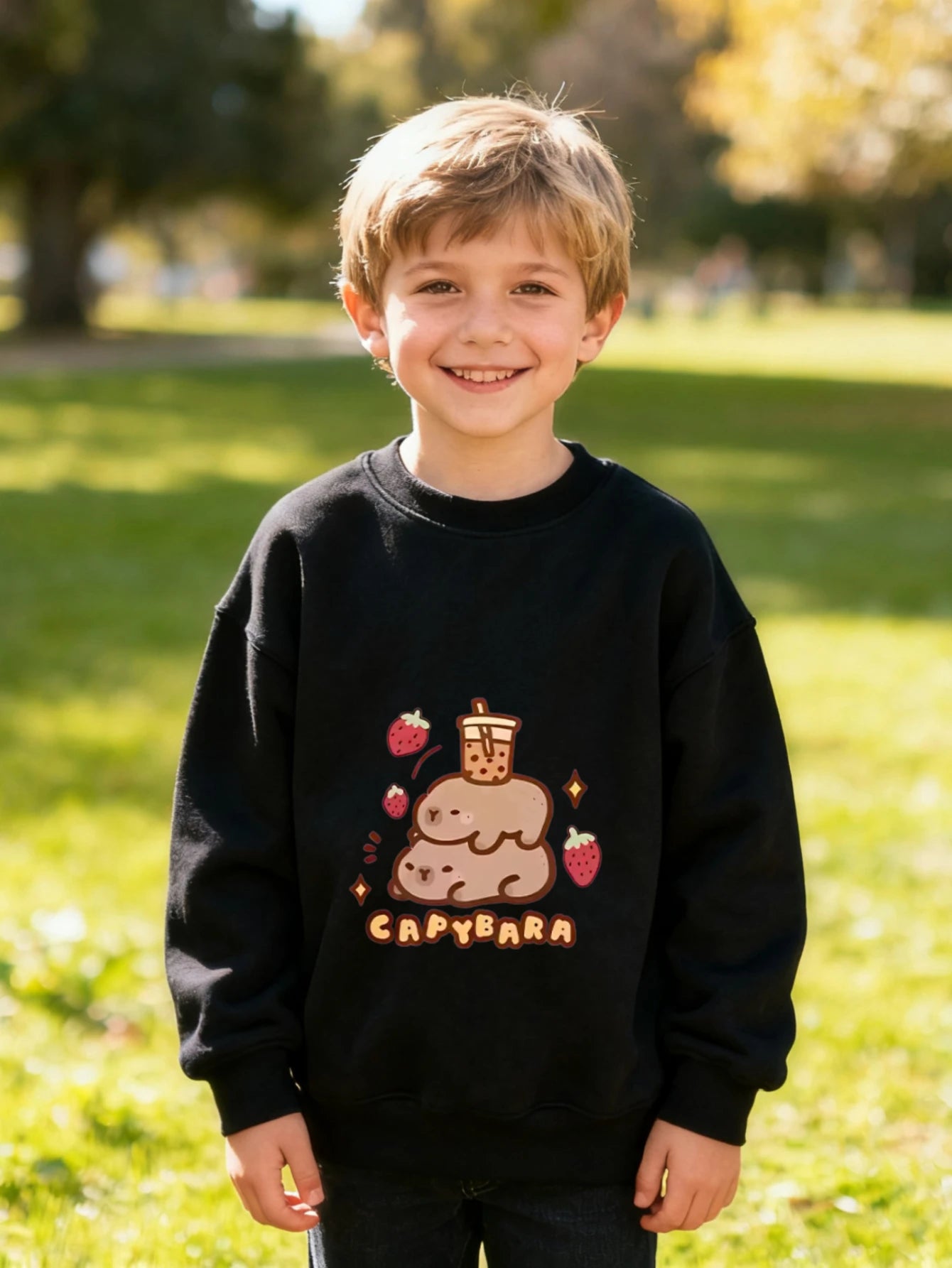 Kids / Children's Cotton Crew-neck Sweatshirt with CAPYBARA Boba Tea Stacked Animals for Boys and Girls Kawaii Style