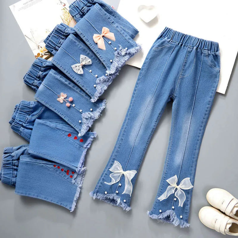 New Autumn Elastic Kids Jeans Girls Cute Leisure Bow Denim Blue Children Flared Pants teenage Girl Clothes Trousers 3 - 12 Y