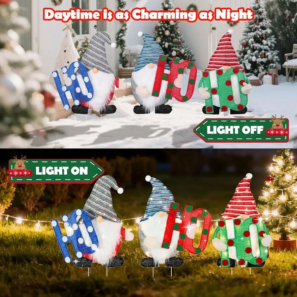 Illuminated 3-Piece Gnome Set for Outdoor Christmas, Tinsel Yard Stakes, 30 Ho Ho Ho Lighted Gnome for Home & Porch Decor