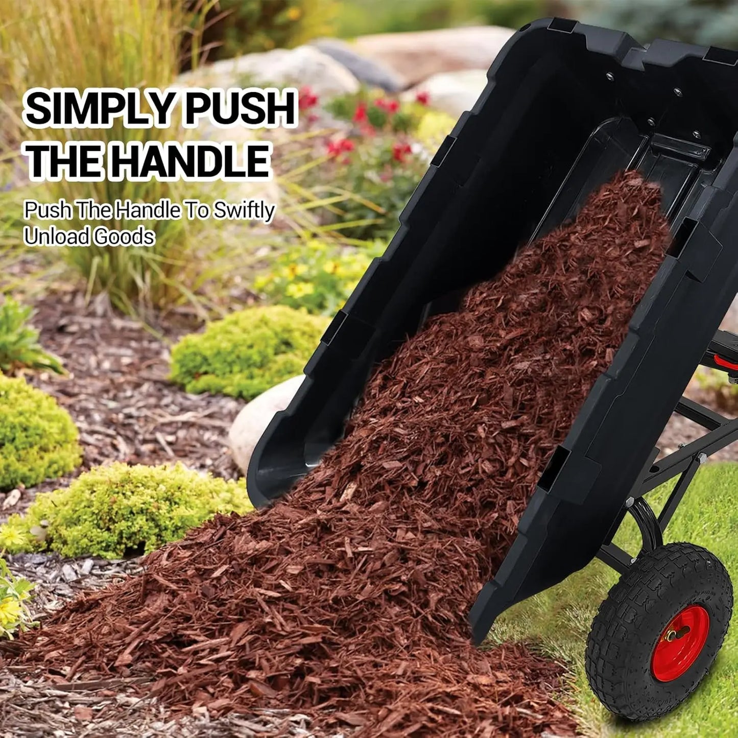 800 Lbs Garden Dump Carts, Heavy Duty Yard Cart, 4 Wheel Wheelbarrow with 10 in Tires, 180°Rotating Handle, for Plants, Soil, Sand
