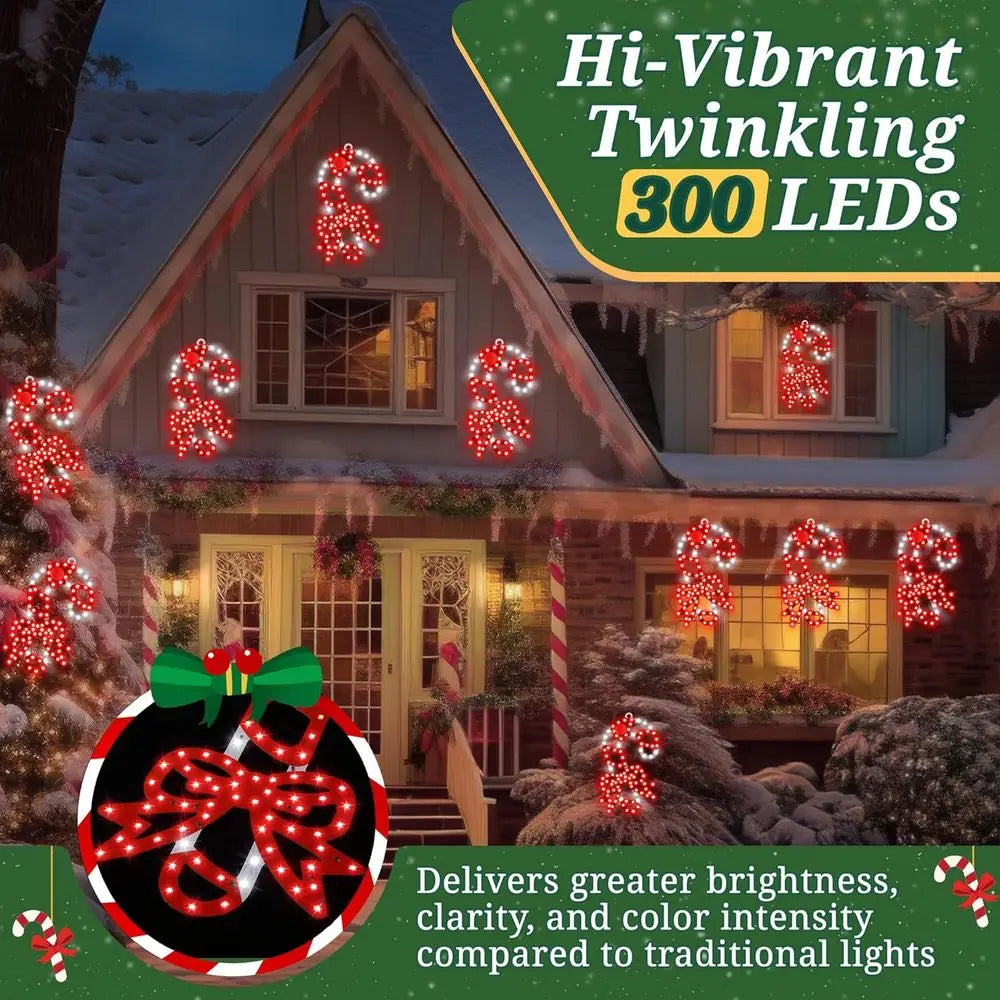10 Inch 300 LED Waterproof Twinkling Candy Cane Window Decorations with Bows, Red and White for Outdoor Holiday Porches