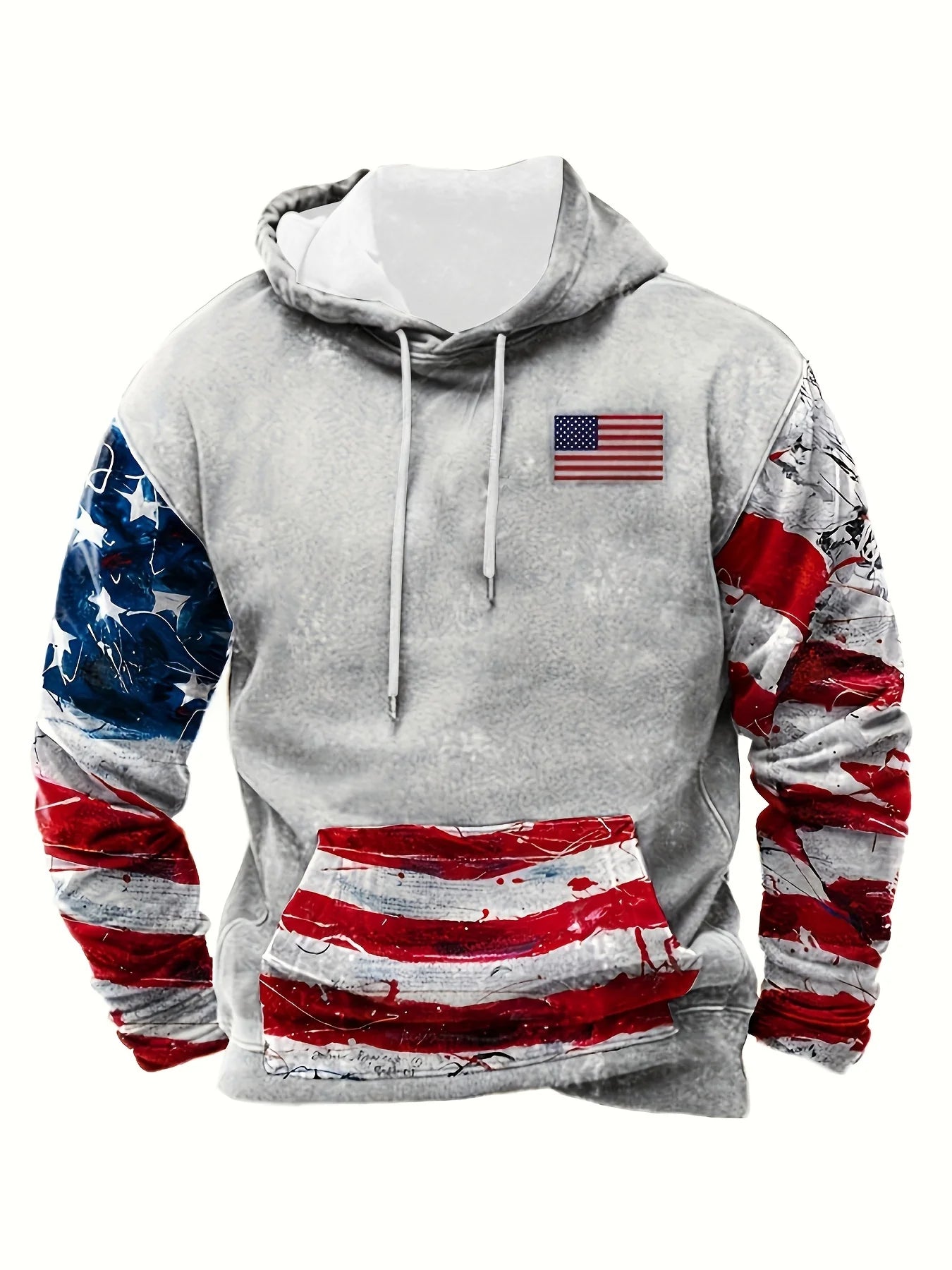 [American Flag Hoodie] Patriotic American Flag Hoodie - Men's Casual Polyester Pullover - Kangaroo Pocket, Long Sleeves, Distres