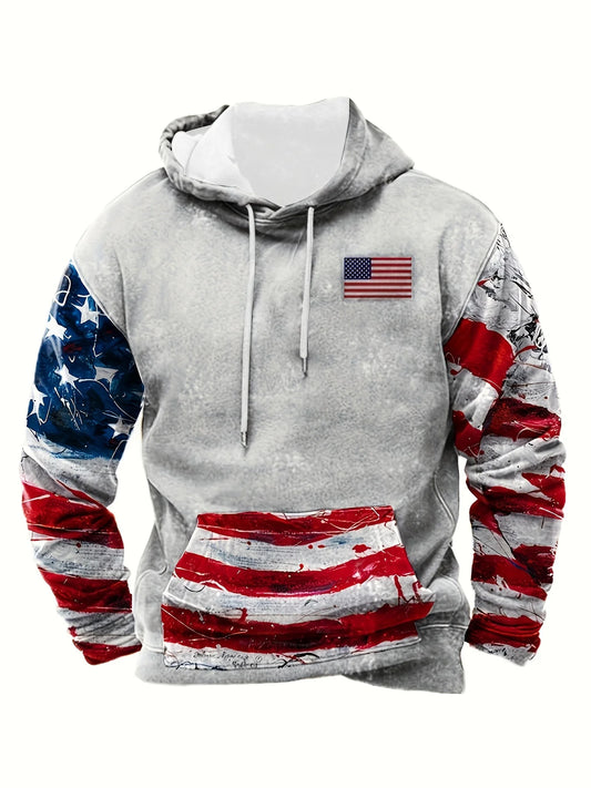 [American Flag Hoodie] Patriotic American Flag Hoodie - Men's Casual Polyester Pullover - Kangaroo Pocket, Long Sleeves, Distres