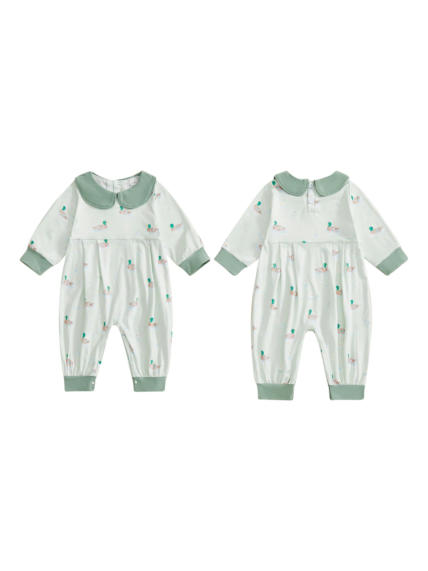 Adorable Infant Girls Autumn Playsuit with Cute Duck Pattern Peter Pan Collar and Cozy Long Sleeves for a Stylish Look