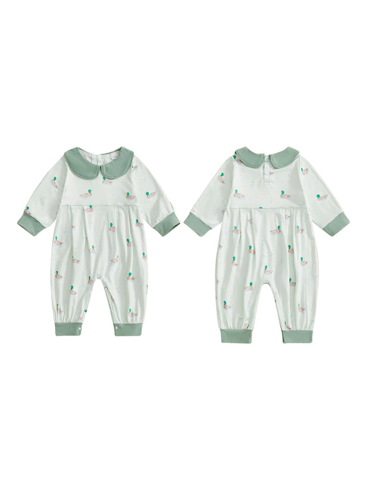 Adorable Infant Girls Autumn Playsuit with Cute Duck Pattern Peter Pan Collar and Cozy Long Sleeves for a Stylish Look