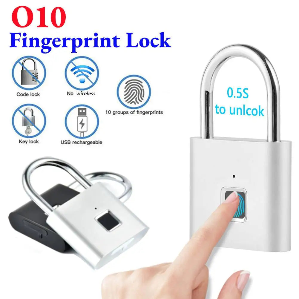 O10 Smart Fingerprint Padlock Waterproof Biometric Fingerprint Keyless Door Lock USB Rechargeable Security Padlock House Unlock