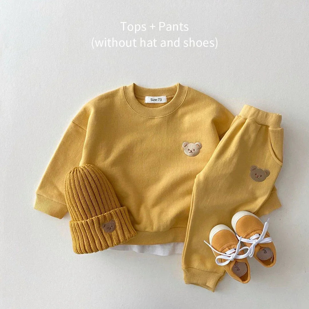 INS Newborn Infant Children's Cotton Bear Round-Neck Sweatshirt Sports Set Baby Casual Cartoon Two-Piece Set