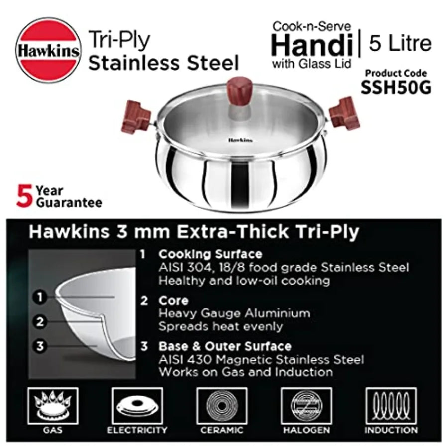 5 Litre Cook n Serve Handi Triply Stainless Steel Handi with Glass Lid Induction Sauce Pan Biryani Handi Saucepan Silver SSH50G
