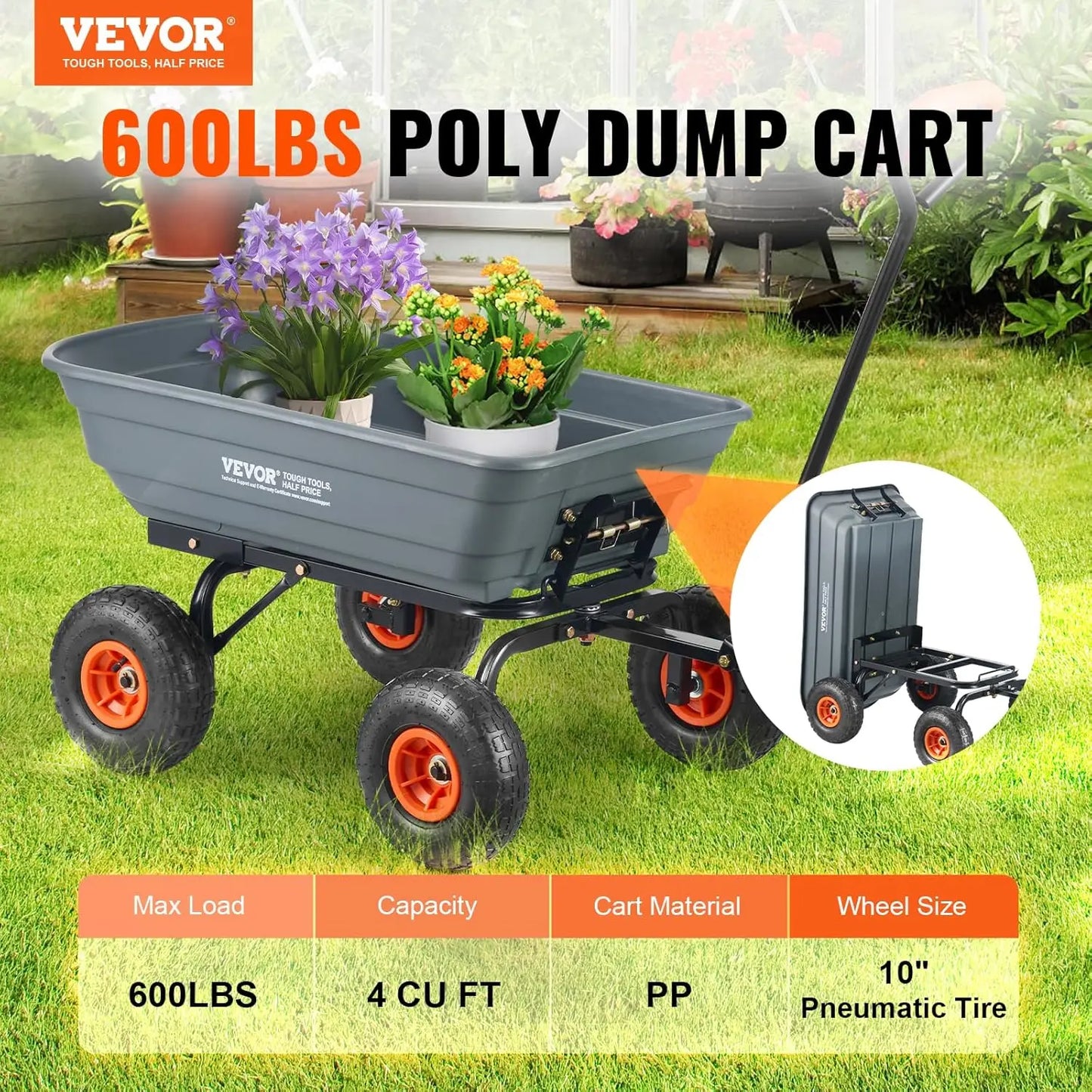 4 Cu.Ft. 600 lbs Poly Garden Cart Dump Wagon, Heavy Duty Yard Dump Cart Wagon, 4 Wheel Wheelbarrow with 10 in All Terrain Wheels