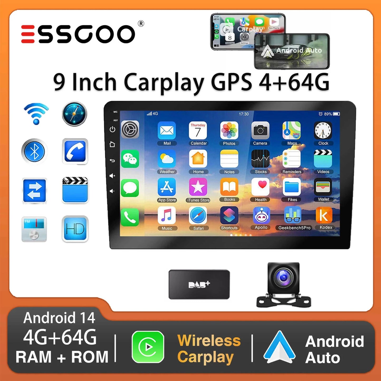 ESSGOO 9 Inch 2 DIN Car Stereo Radio Wireless Car-play Android Auto Car Stereo Bluetooth 64 G GPS Navigation RDS WiFi USB FM DAB+CAM
