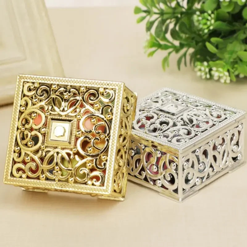 2 Piece Mini Treasure Storage Jewelry Box Gold, Silver color Hollow Flower Pattern Jewelry Case Boxes for Necklace Earring Ring