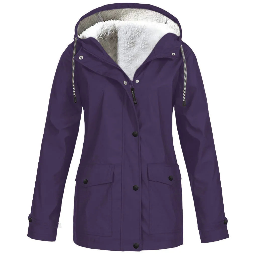Women's Autumn Winter Plus Velvet Jacket Windproof Waterproof Hooded Coat Outdoor Sports Cloths For Climbing Cycling Fishing