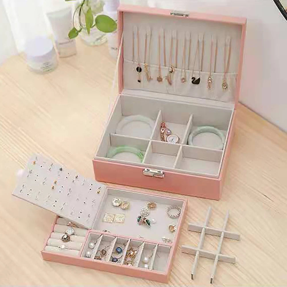 2 Layers Pink PU Leather Jewelry Box Organizer with Necklace Hook for Women, Girls and Hanging Bracelets, Necklaces, Jumper