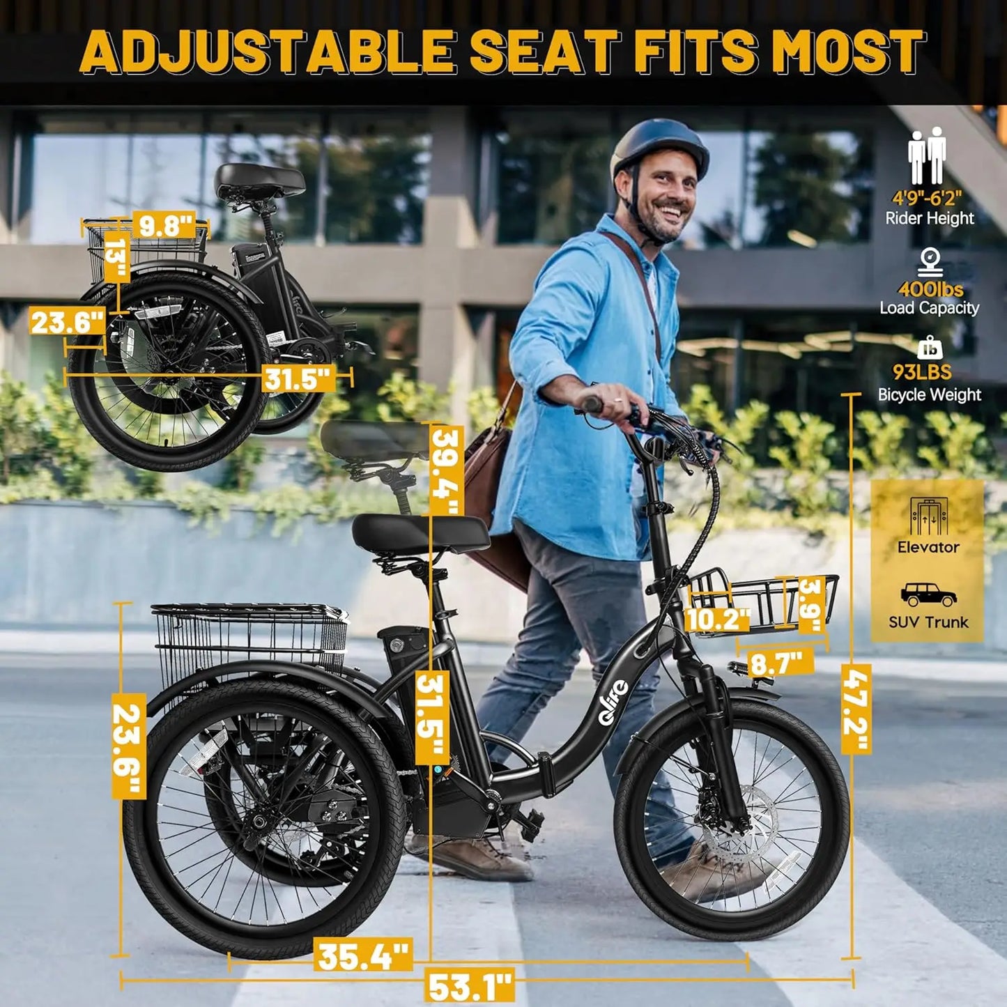Triker Electric Bike, Peak 750W Brushless Motor Folding Trike Ebike, 468Wh Removable Battery, Step-Thru 3 Wheel, Customized