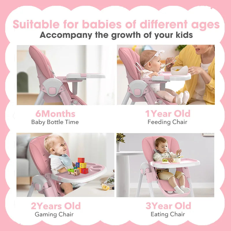Sejoy Foldable High Chair for Baby Dining Table with Adjustable Backrest,Footrest,Tray,and Seat Height with wheel 6-36 Months
