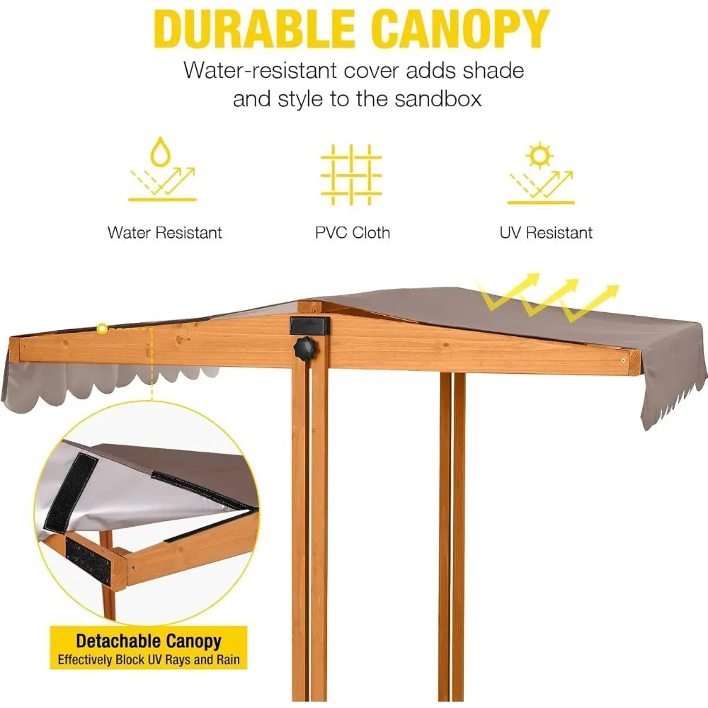Outdoor Sandbox with UV Protective Canopy, Sandbox Comes with 2 Foldable Seats, Length 47" X 47"