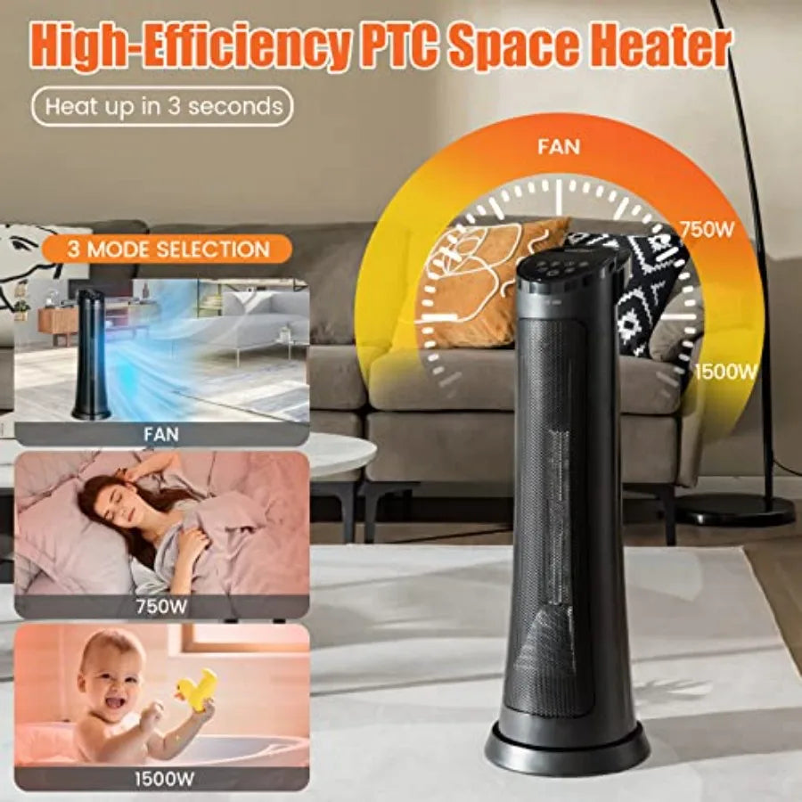 COSTWAY Space Heater for Indoor Use 1500 W PTC Ceramic Heater with 60 Oscillation 3 Heating Modes 24 H Timer Overheat and Tip-Over