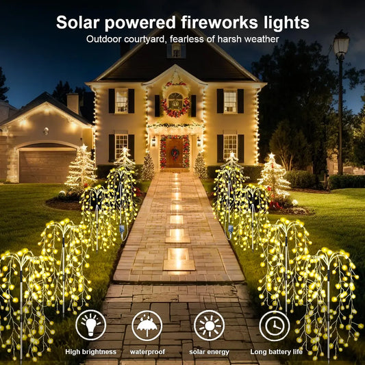 4 Pack 680 LED Christmas Solar Firecracker Fireworks Lights Outdoor Yard Lawn Garden Decorative Light Party Landscape Lighting