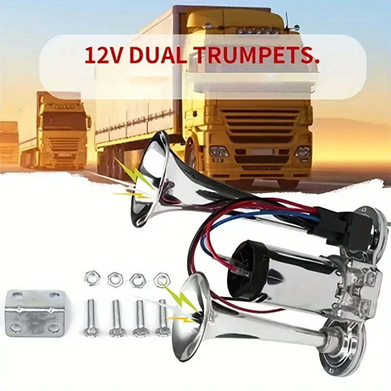 12 V Horns, Chrome Zinc Single Trumpet Truck Air Horn with Compressor for Any 12 V Vehicles Trucks Lorrys Trains Boats Cars