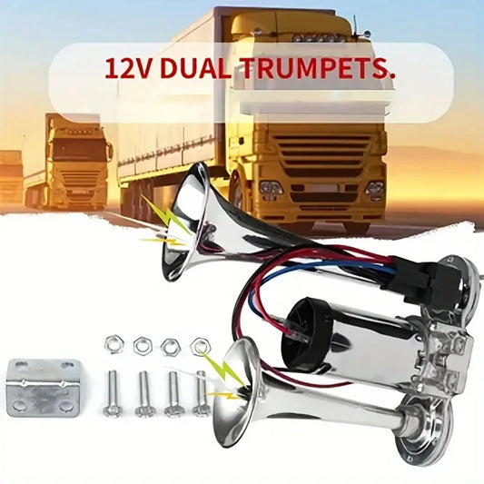 12 V Horns, Chrome Zinc Single Trumpet Truck Air Horn with Compressor for Any 12 V Vehicles Trucks Lorrys Trains Boats Cars