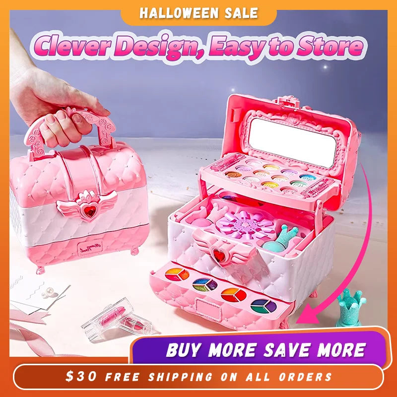 Kids Multi-Layer Foldable Makeup Set - Pretend Play Cosmetic Kit for Girls, Educational and Learning Toy with Storage Box