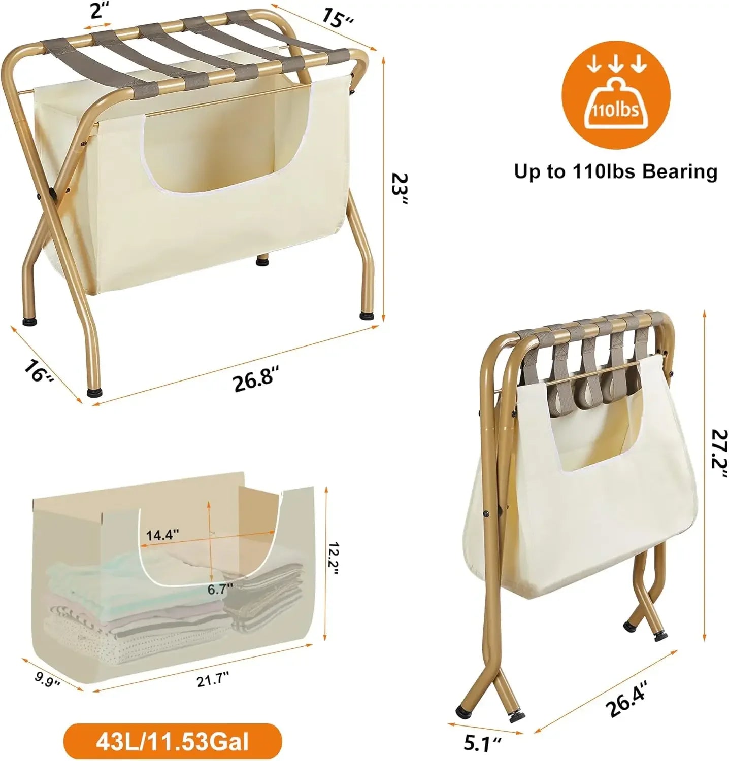 2 Pack Luggage Rack with Laundry Bag, Guest Room Folding Space Saving Suitcase Holder, Max 110LBS Baggage Shelf with Heavy