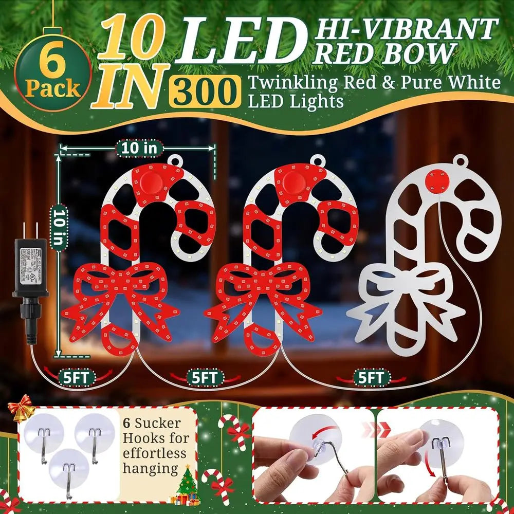 10 Inch 300 LED Waterproof Twinkling Candy Cane Window Decorations with Bows, Red and White for Outdoor Holiday Porches