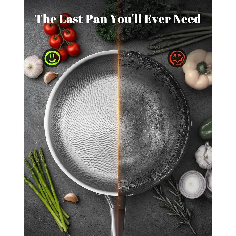 12 Inch Titanium Hammered Pro Frying Pan with Lid, Non-Stick, Non-Toxic, PFOA/PTFE Free, Dishwasher and Oven Safe, Induction Com
