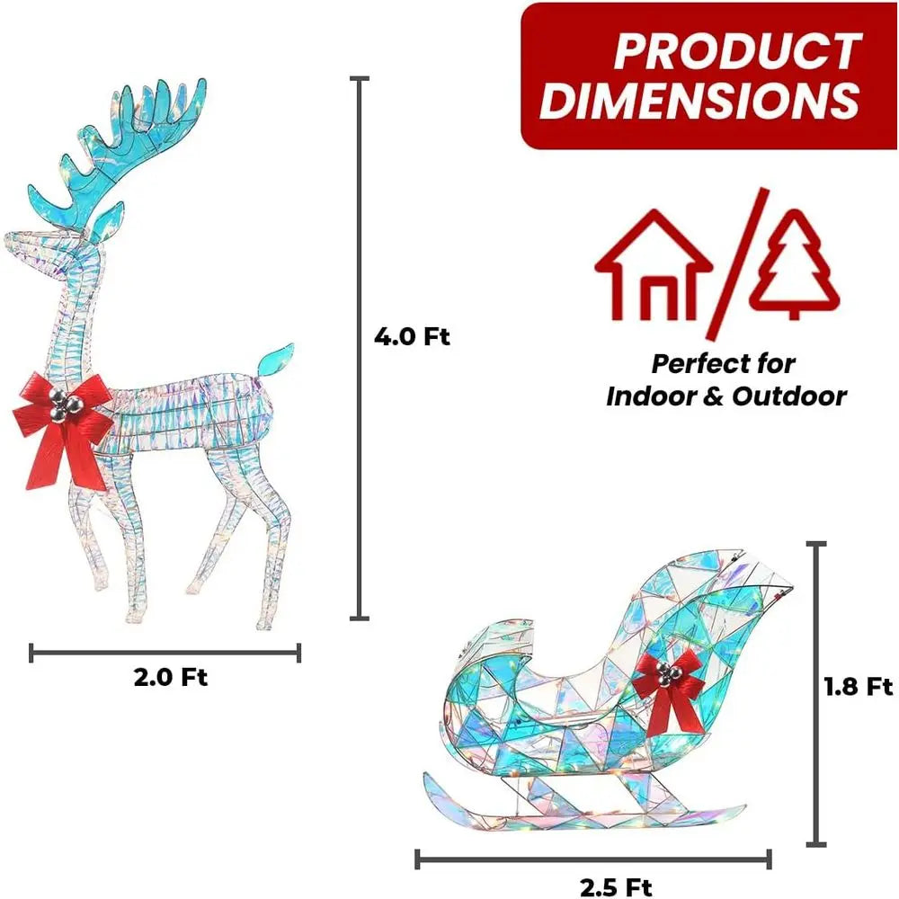 Illuminated Iridescent Santa Sleigh & Reindeer Set, 4ft Outdoor/Indoor Christmas Lawn Decoration with 140 Lights