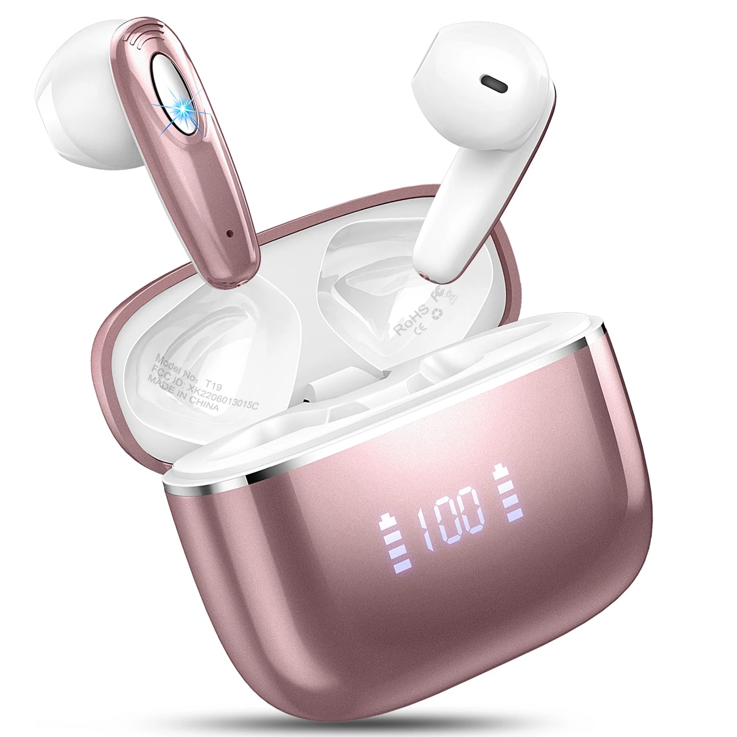 T19 Wireless Earbuds, Bluetooth 5.3, 4 ENC Noise Canceling Mic, 40H LED Display Charging Case, IP7 Waterproof in-Ear Earbuds.