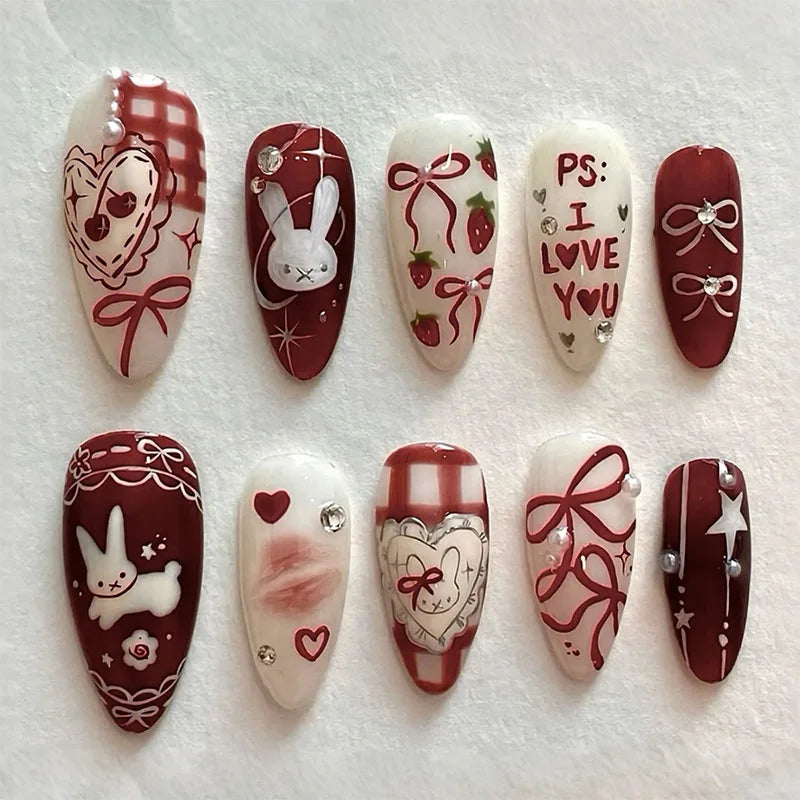 24 Piece Wine Red Almond Press on Nails Cartoon Rabbit Bow knot with Plaid Pearl Designs French Fake Nails for Girls Detachable Nail