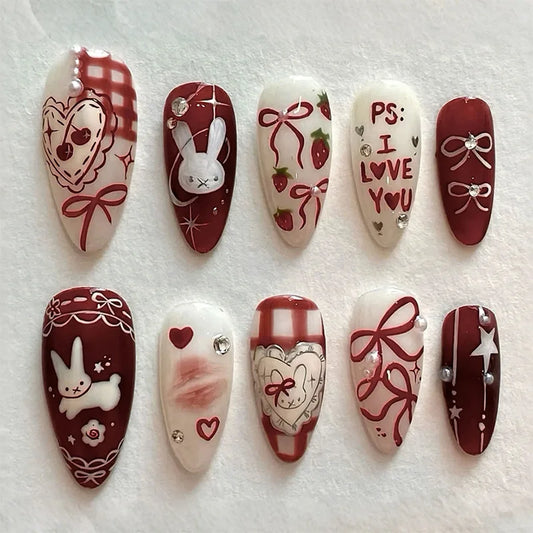 24 Piece Wine Red Almond Press on Nails Cartoon Rabbit Bow knot with Plaid Pearl Designs French Fake Nails for Girls Detachable Nail