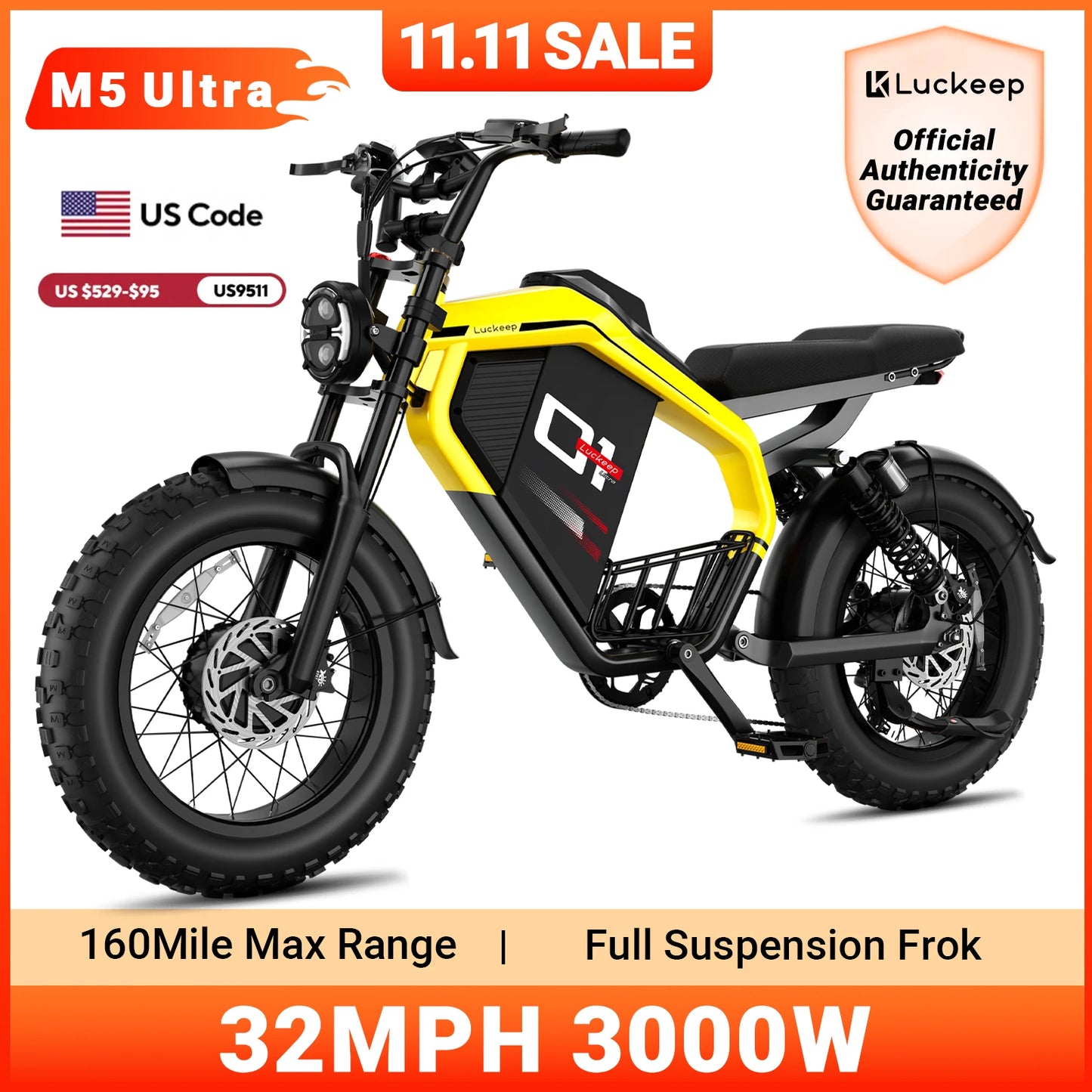 Luckeep M5 Ultra Electric Bike for Adults/Teen, 3000W Peak Dual Motor, 52V 40Ah Dual Battery,160 Miles 32MPH