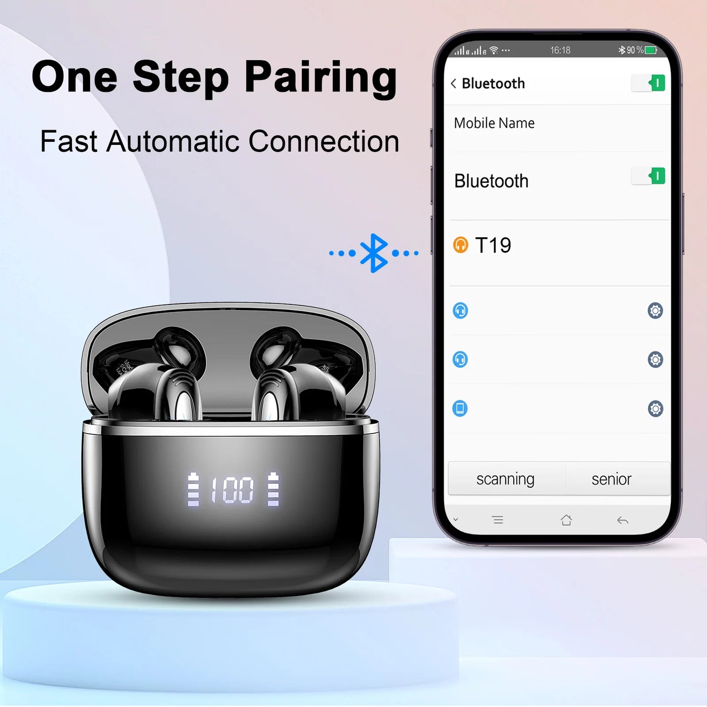 T19 Wireless Earbuds, Bluetooth 5.3, 4 ENC Noise Canceling Mic, 40H LED Display Charging Case, IP7 Waterproof in-Ear Earbuds.