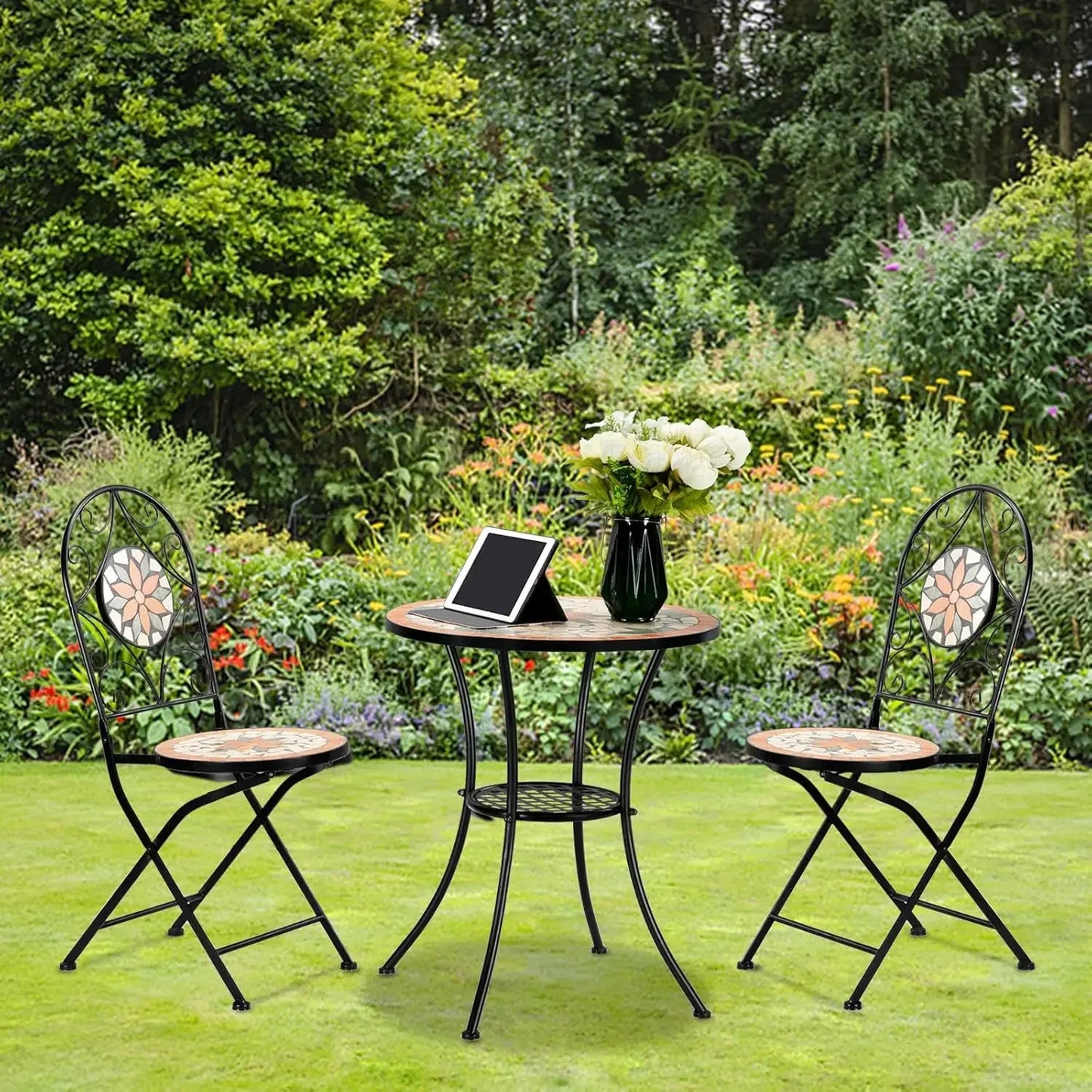 2025-3 Pieces Garden Patio Mosaic Table, Outdoor Bistro Set with Folding Chairs,Black Iron Frame