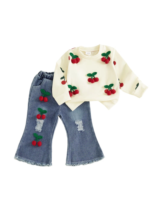 Cute Toddler Girl Autumn Ensemble Cherry Embellished Long Sleeve Pullover Distressed Denim Flare Pants Set with Elastic