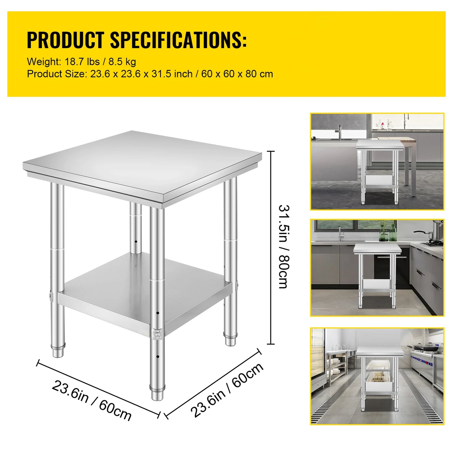 Stainless Steel Kitchen Work Bench Commercial Catering Table Worktable w/ Under-shelf 330 LBS 286 LBS for Restaurant Garage