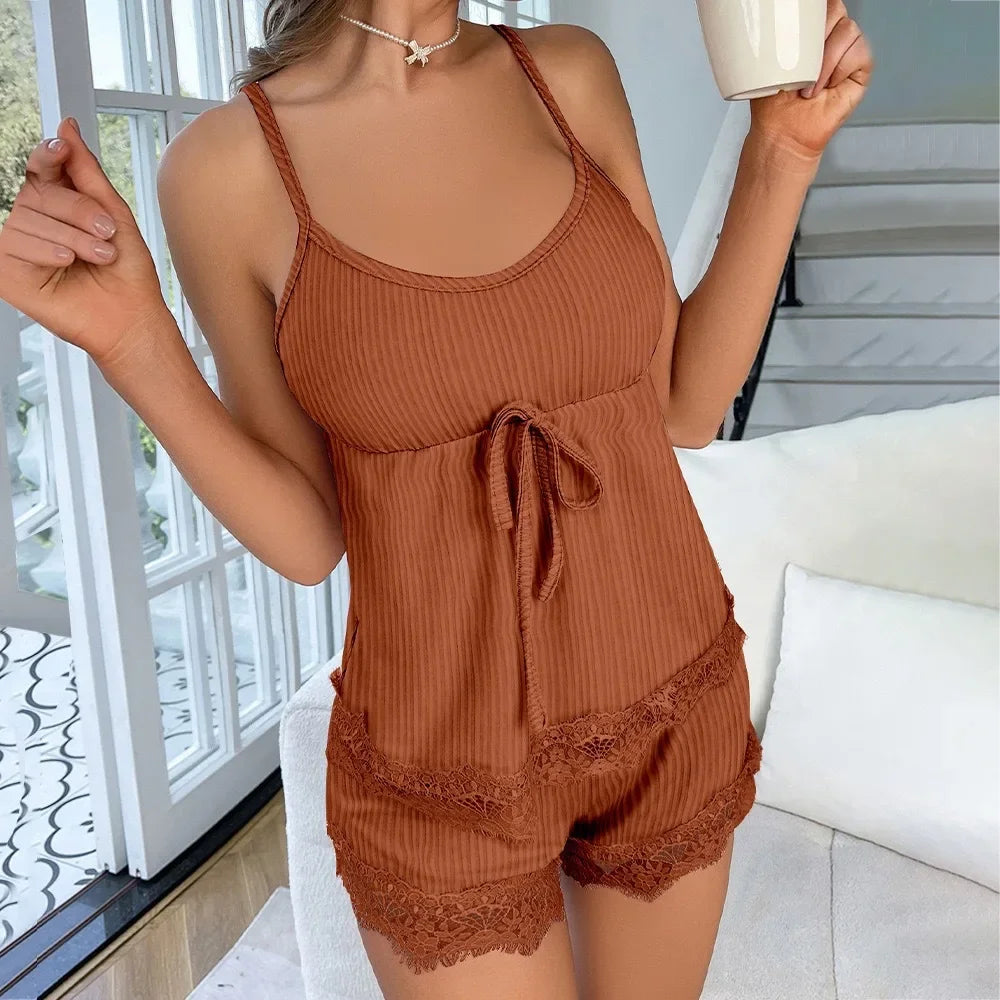 Women's Sexy Pajamas Set 2025 Summer Sleeveless Top Shorts Sleepwear 2 Piece Set For Women Home Casual Lace Suspender Slim Suit