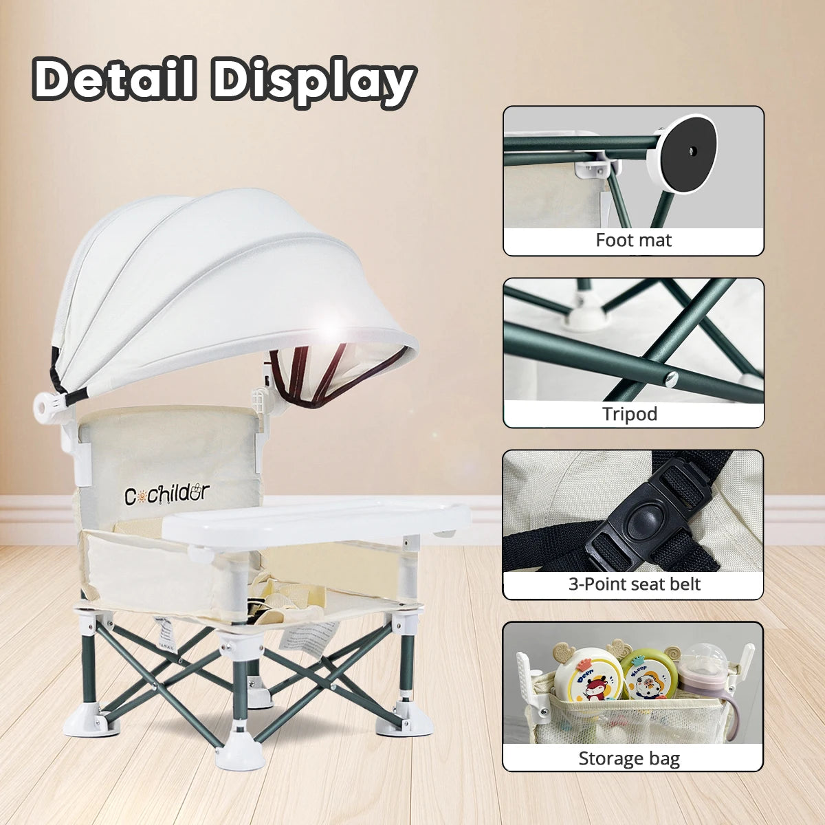 Baby feeding chair, foldable children's table and chair, which can be used to increase the seat height, outdoor camping chair