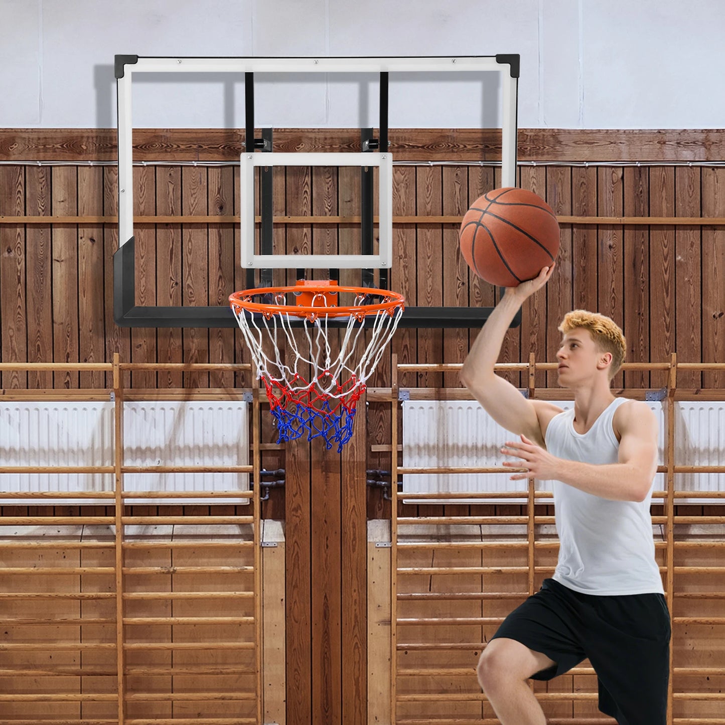 Wall Mounted Basketball Backboard & Hoop 47-Inch Basketball Goal Combo Kit for Garage Fitness Center Barn School Gym Driveway