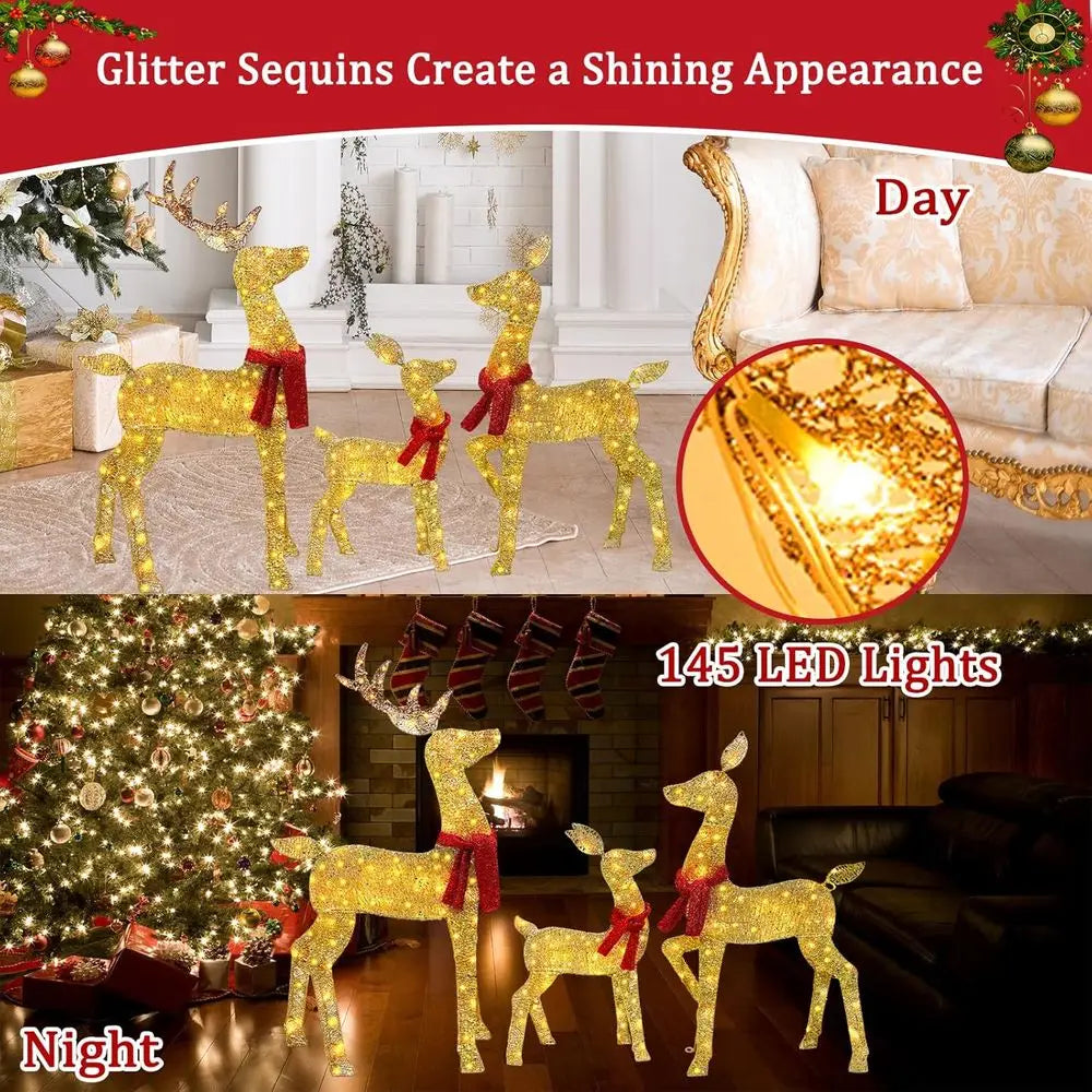 48 2.5 D Gold LED Lighted Christmas Deer Set, 3-Piece Outdoor Reindeer Decorations with 145 Lights for Lawn and Garden