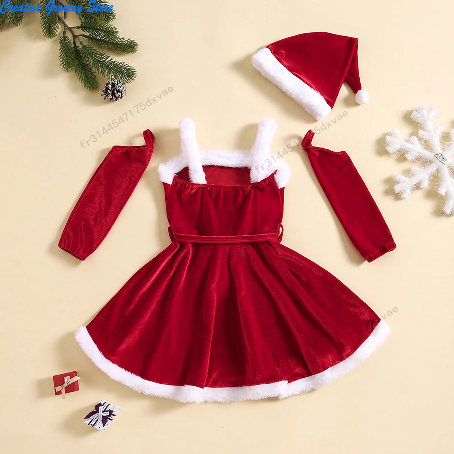Girls Christmas Dress Sets Autumn Winter Velvet Suspender Dress + Over sleeve + Hat 3 piece Baby Santa Claus Clothes Festival Costume