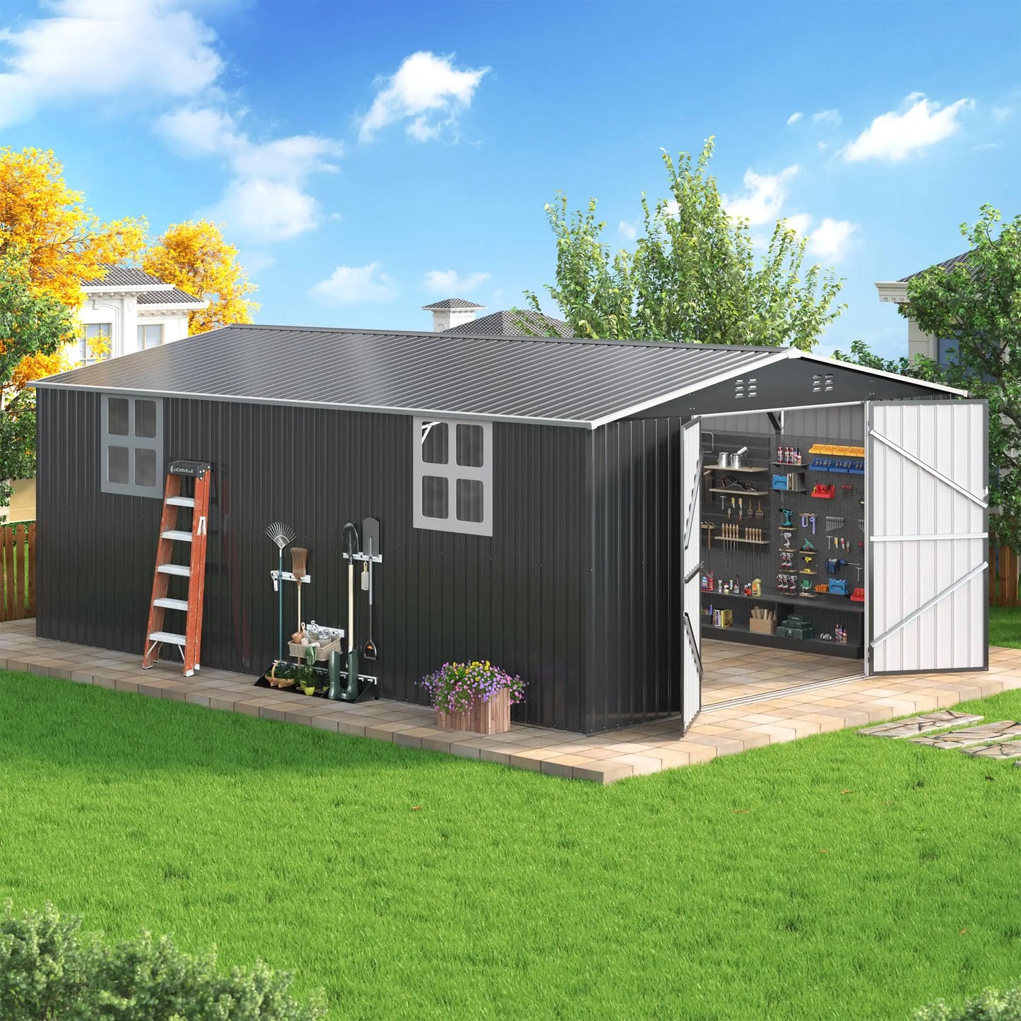Polar Aurora 12x16/12x18FT Outdoor Metal Storage Shed w/ Windows, Lockable Door, Heavy-Duty Tool Shed For Backyard Patio Graden