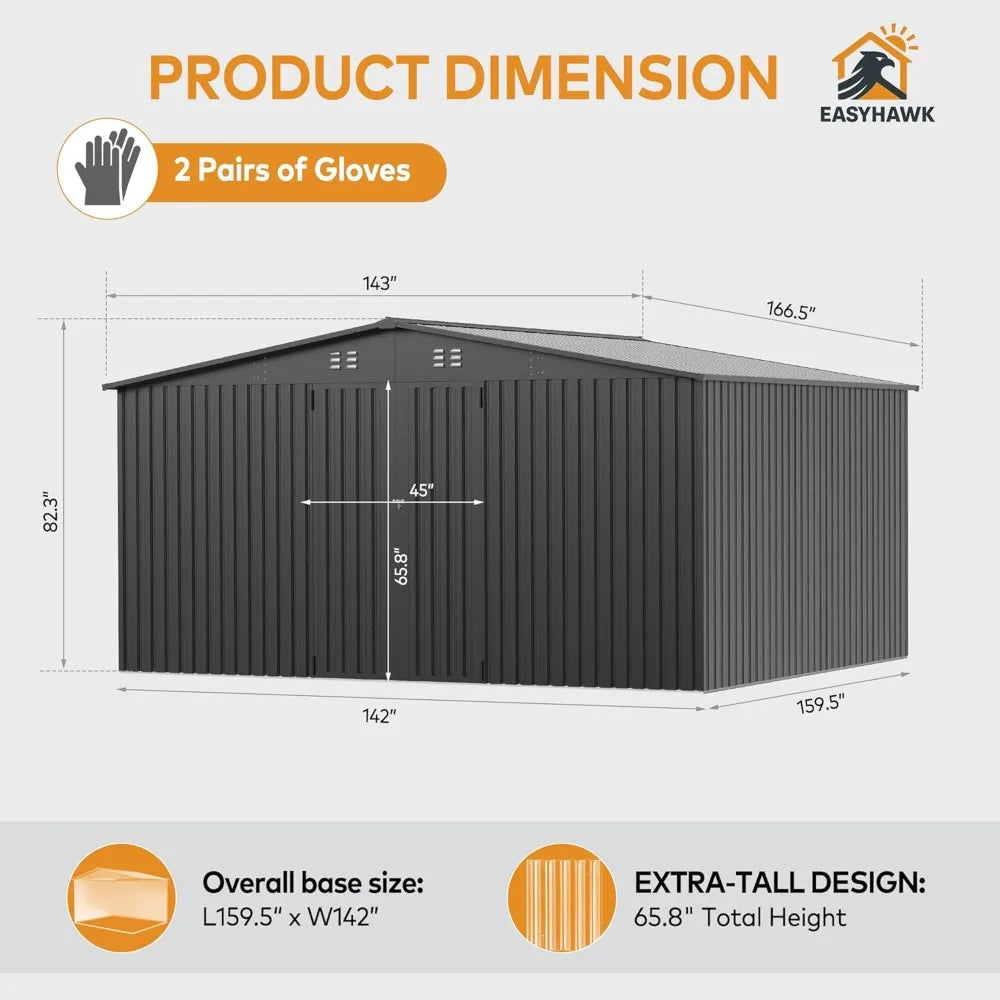14 x 12FT Outdoor Storage Shed, Metal Waterproof Storage Shed Steel Utility Garden Tool Shed with Door & Lock Outdoor，Customized