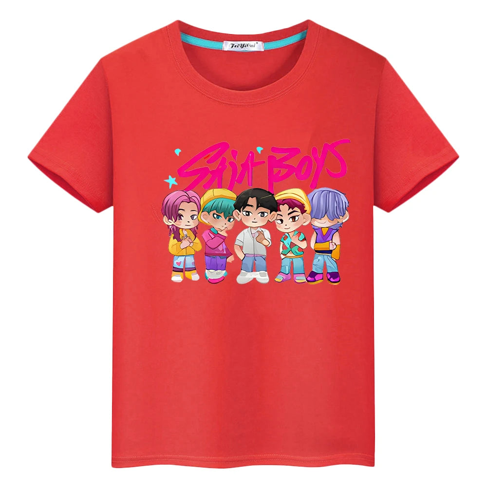 T shirt for kids boy 10 year Saja Boys Print Cute Tops Y 2 K k-pop demon hunters Kawaii Tees 100% Cotton anime Short girls clothes