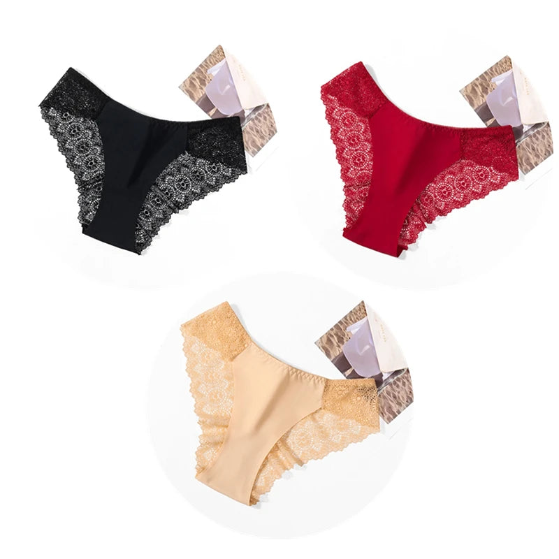 TrowBridge 3PCS/Set Sweet Women's Panties Silk Satin Underwear Lace Sexy Lingerie Girls Breathable Briefs Soft Comfortable Panty