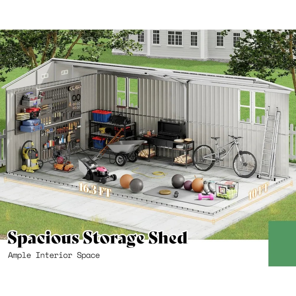 10 x 16 x 7.2 Ft Metal Storage Shed with Two Clear Panels, Outdoor Tool Storage with Hinged Double Doors, Windows, and Vents