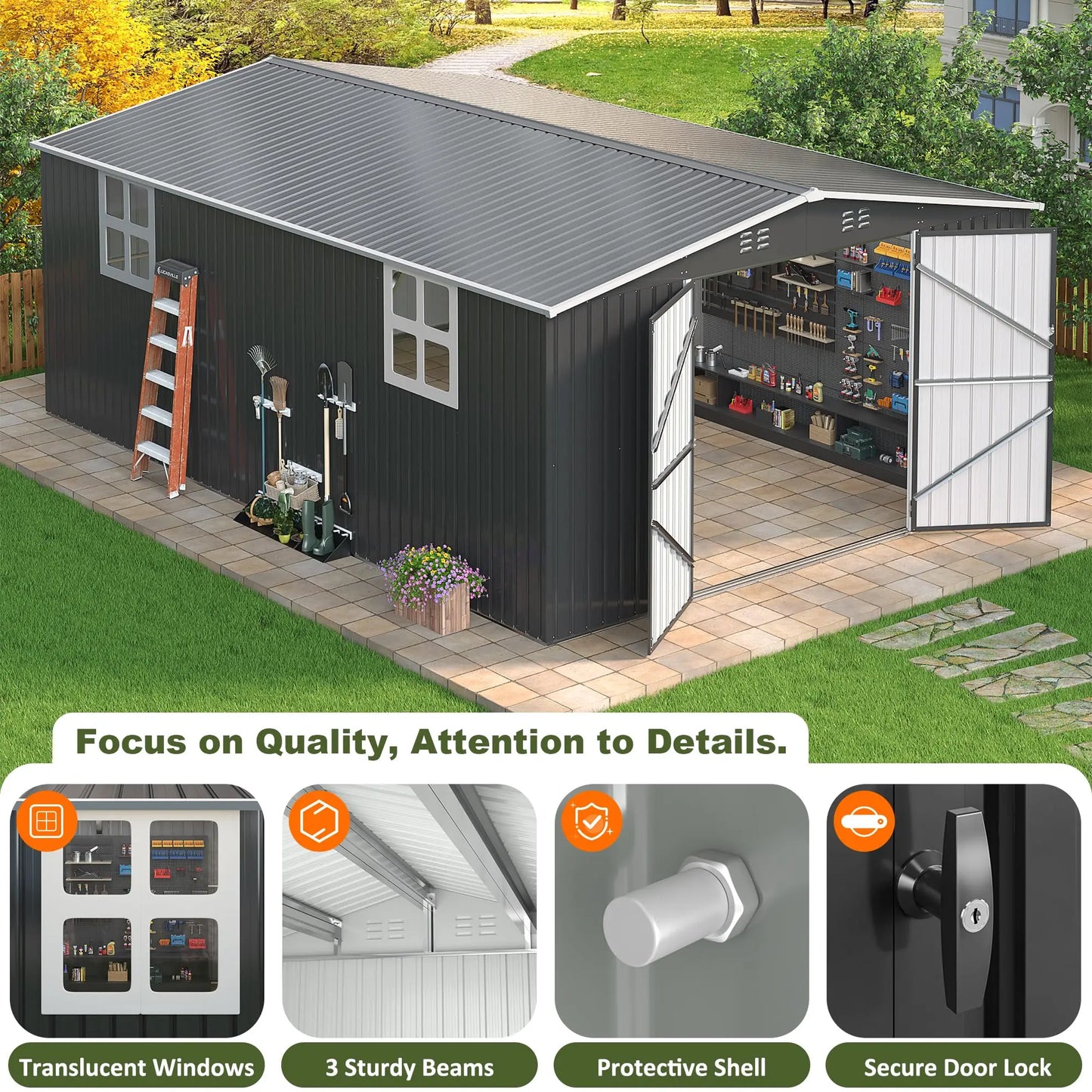 Polar Aurora 12x16/12x18FT Outdoor Metal Storage Shed w/ Windows, Lockable Door, Heavy-Duty Tool Shed For Backyard Patio Graden