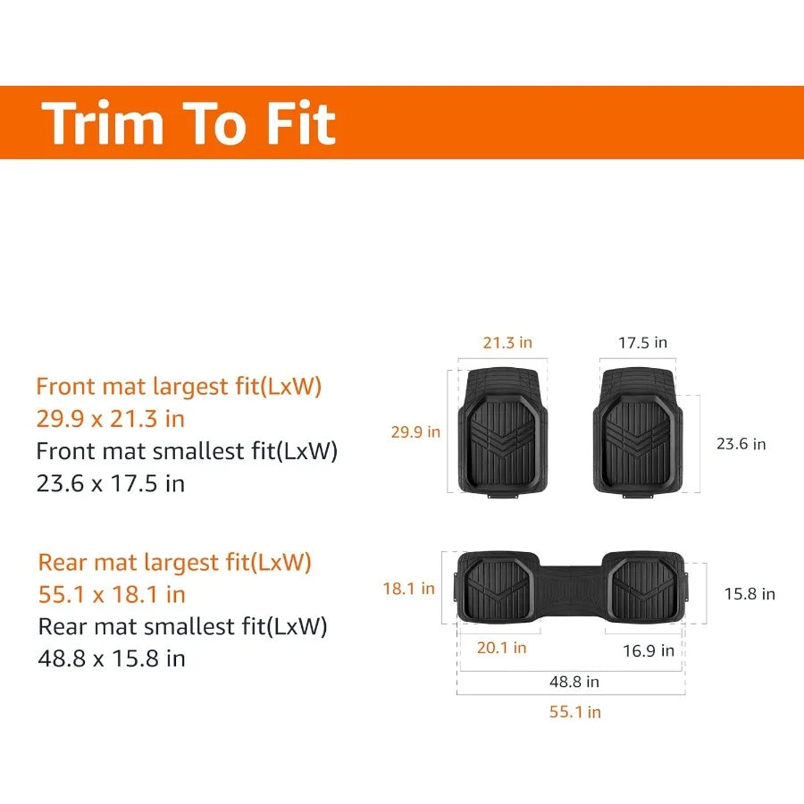 3 Piece All-Weather Heavy Duty Full Set Rubber Floor Mats for Universal Fit in Cars SUVs and Trucks Black Trim to Customize